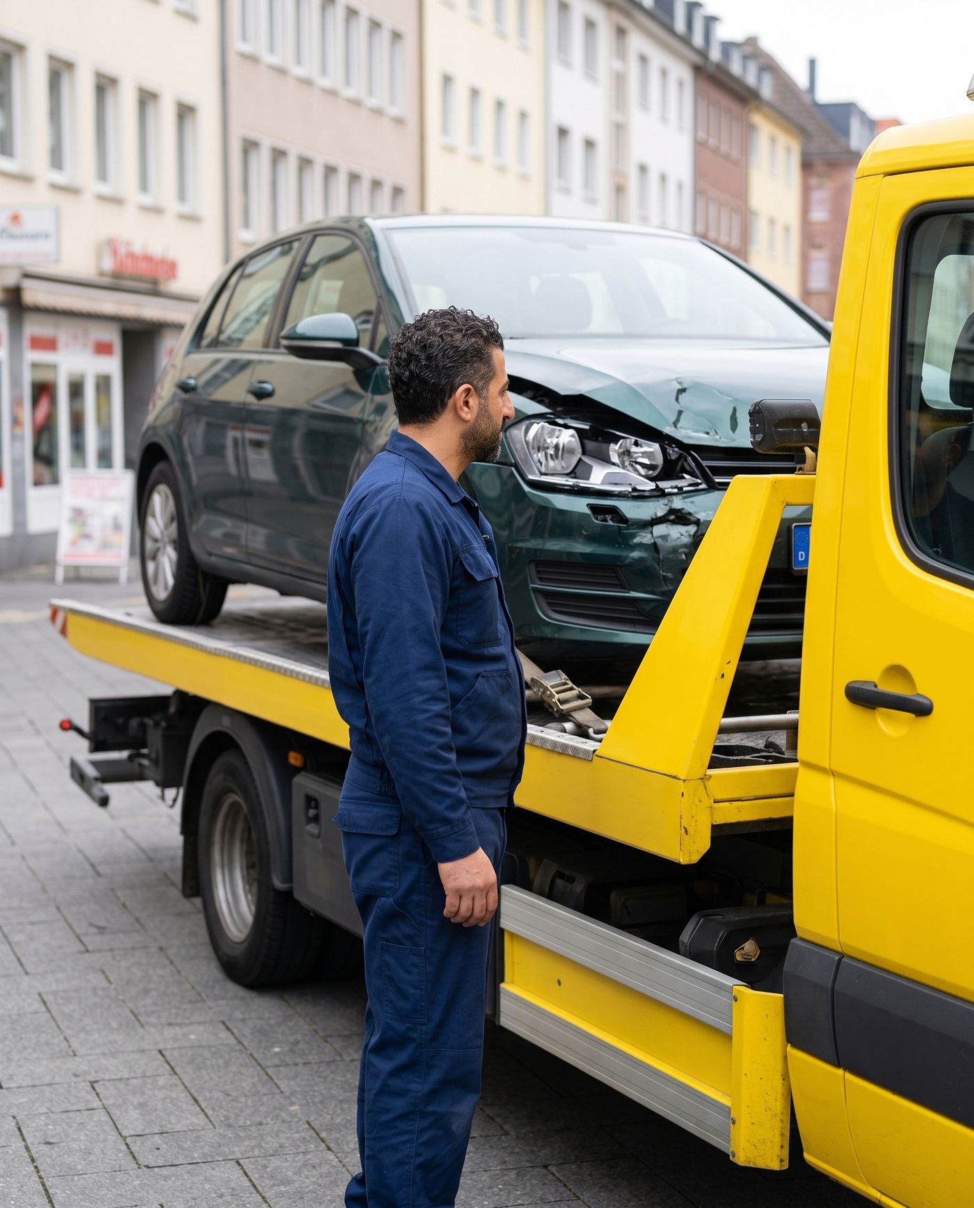Mitarbeiter des H&H Abschleppdienst vor gelbem Abschleppwagen mit verunfalltem PKW in Dortmund